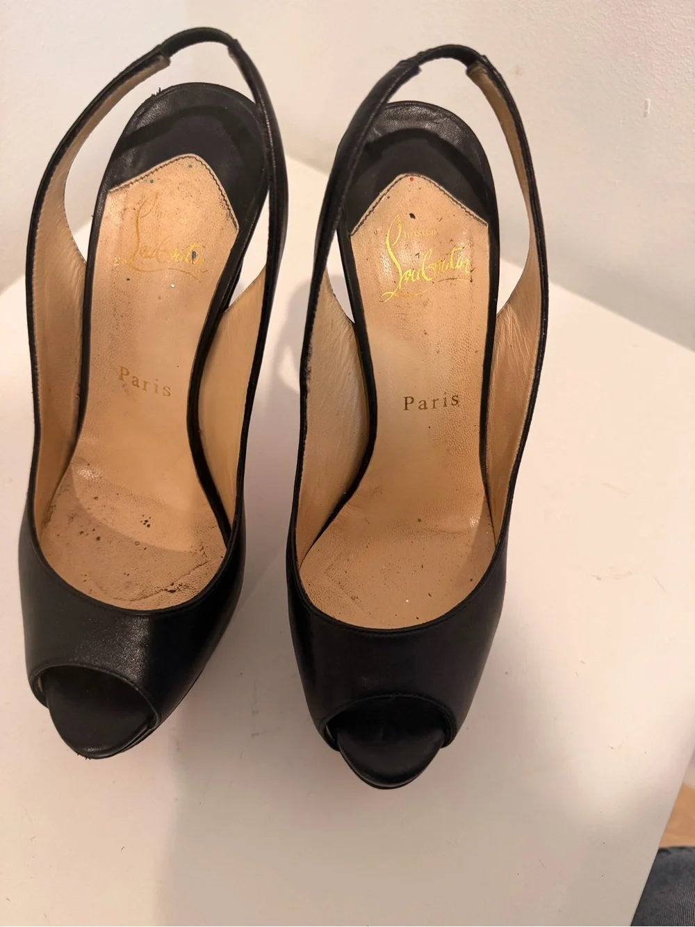 Christian Louboutin Black Leather Peep-Toe Slingback Pumps with Red Soles